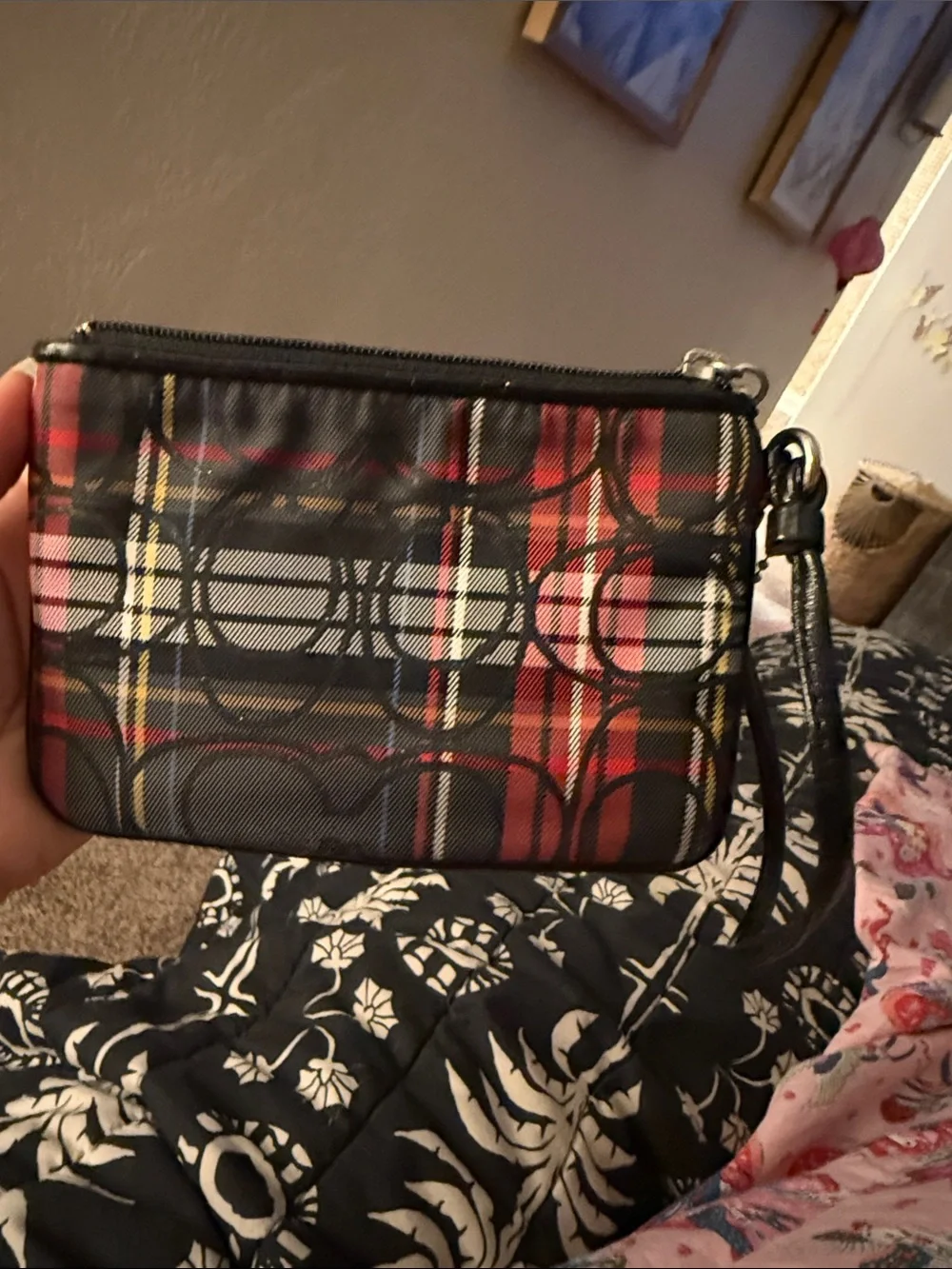 Coach Poppy Plaid Zip Pouch in Black, Red and White